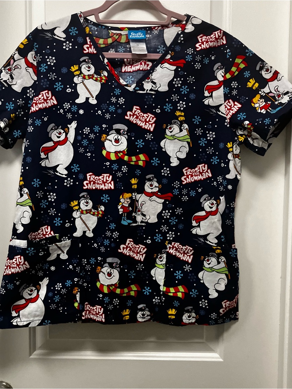 Frosty the Snowman V-Neck Medical Scrub Top Size M Navy Blue Christmas Holiday - Picture 3 of 16